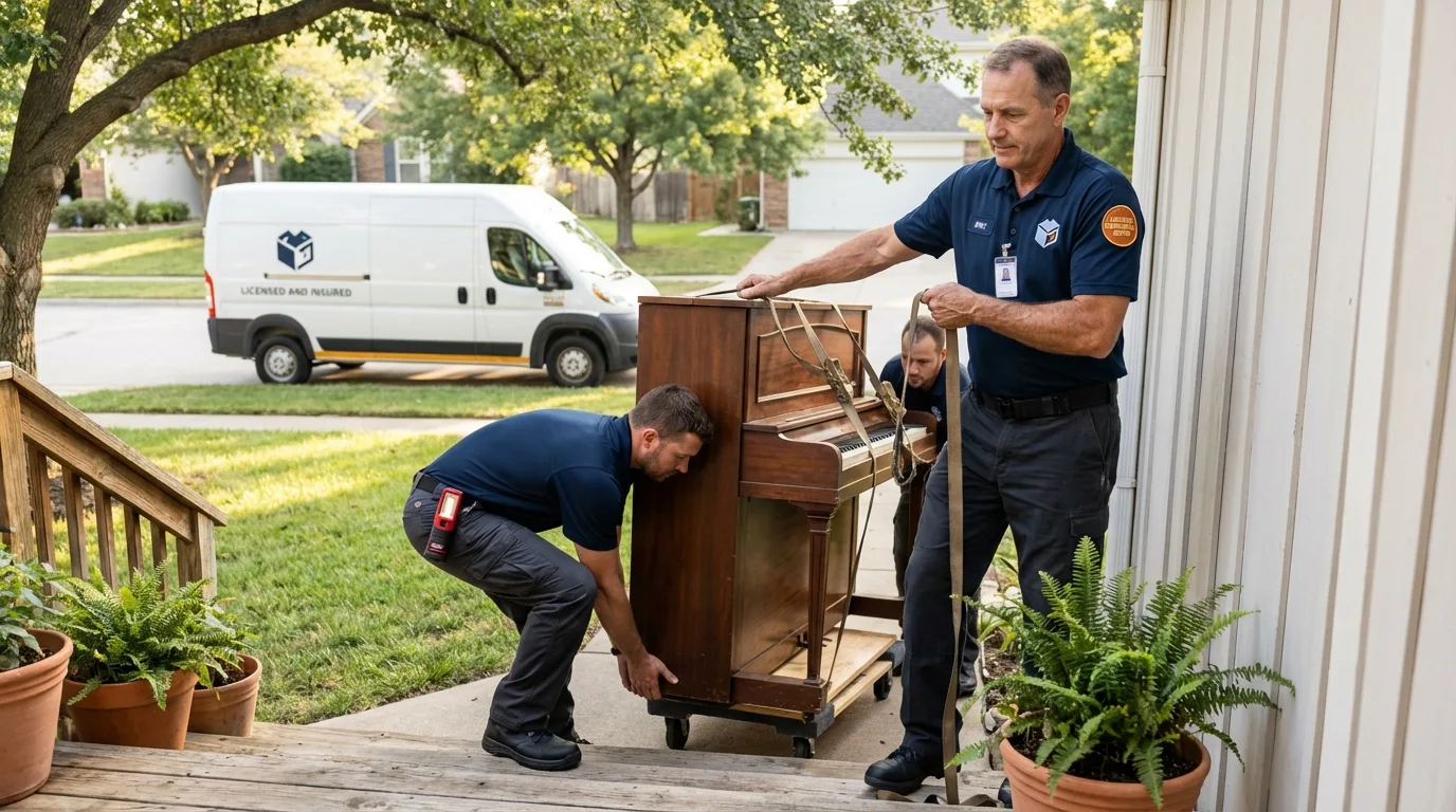 Licensed piano movers securing grand piano in Denmark, SC